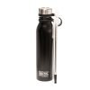 The image displays a black insulated water bottle with a silver cap. Attached to the bottle is a clear silicon straw with a steel straw stem, accompanied by a straw cleaning brush. The bottle has a logo and text printed in white, indicating it is associated with "OPTIMAL SLEEP AIRWAY HEALTH." The items are set against a light background, highlighting the sleek design and functionality of the bottle and straw combination. This type of product is often marketed for its health benefits and sustainability features.