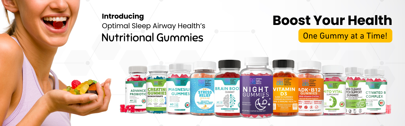 A promotional banner for Optimal Sleep Airway Health's nutritional gummies featuring a smiling woman about to eat a gummy from her hand, with colorful gummy supplement bottles lined up across the image.