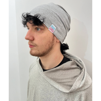 OSAH Beanie color gray close up with silver fabric that can help with EMF