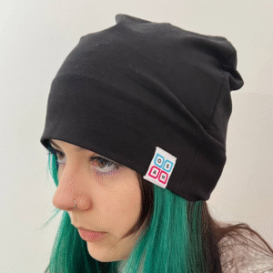 OSAH Beanie color black close up with silver fabric that can help with EMF