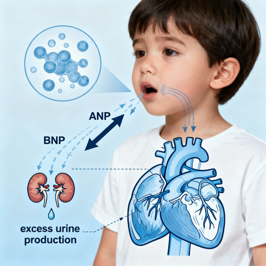 Cardiac stretch mechanism: Airway obstruction causes negative intrathoracic pressure, stretching heart chambers and triggering ANP/BNP release, leading to increased kidney urine production