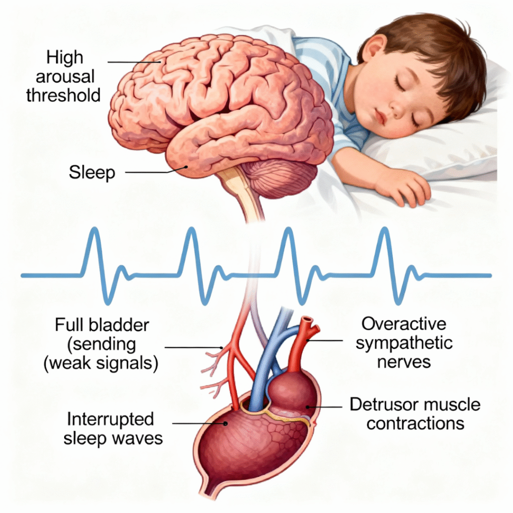 Neurological arousal mechanism: Sleep fragmentation elevates arousal threshold while sympathetic overactivation causes bladder overactivity, preventing the child from waking to bladder signals
