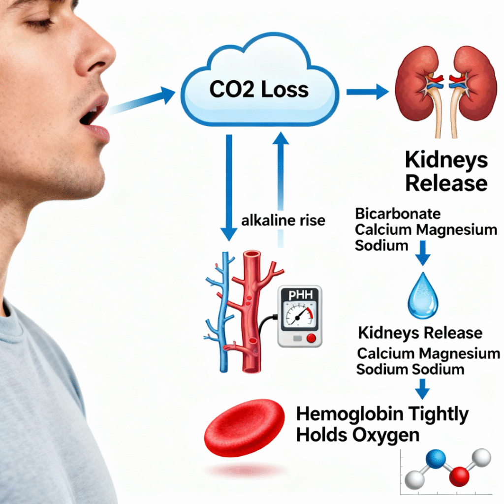 Respiratory alkalosis mechanism: Mouth breathing causes CO2 loss and alkaline blood pH, triggering renal compensation with mineral loss and impaired oxygen delivery to tissues